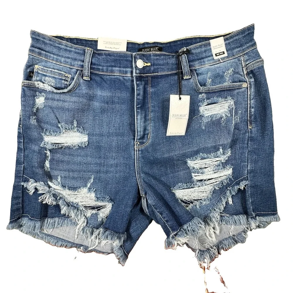 Judy Blue Distressed Tulip Hem Denim Shorts 3XL Frayed Cut Off Destroyed New